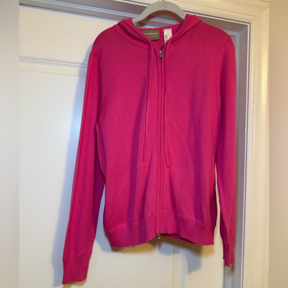 Liz Claiborne Pink Knit Cotton Zip-Up Hoodie Sweater Long Sleeved Size L